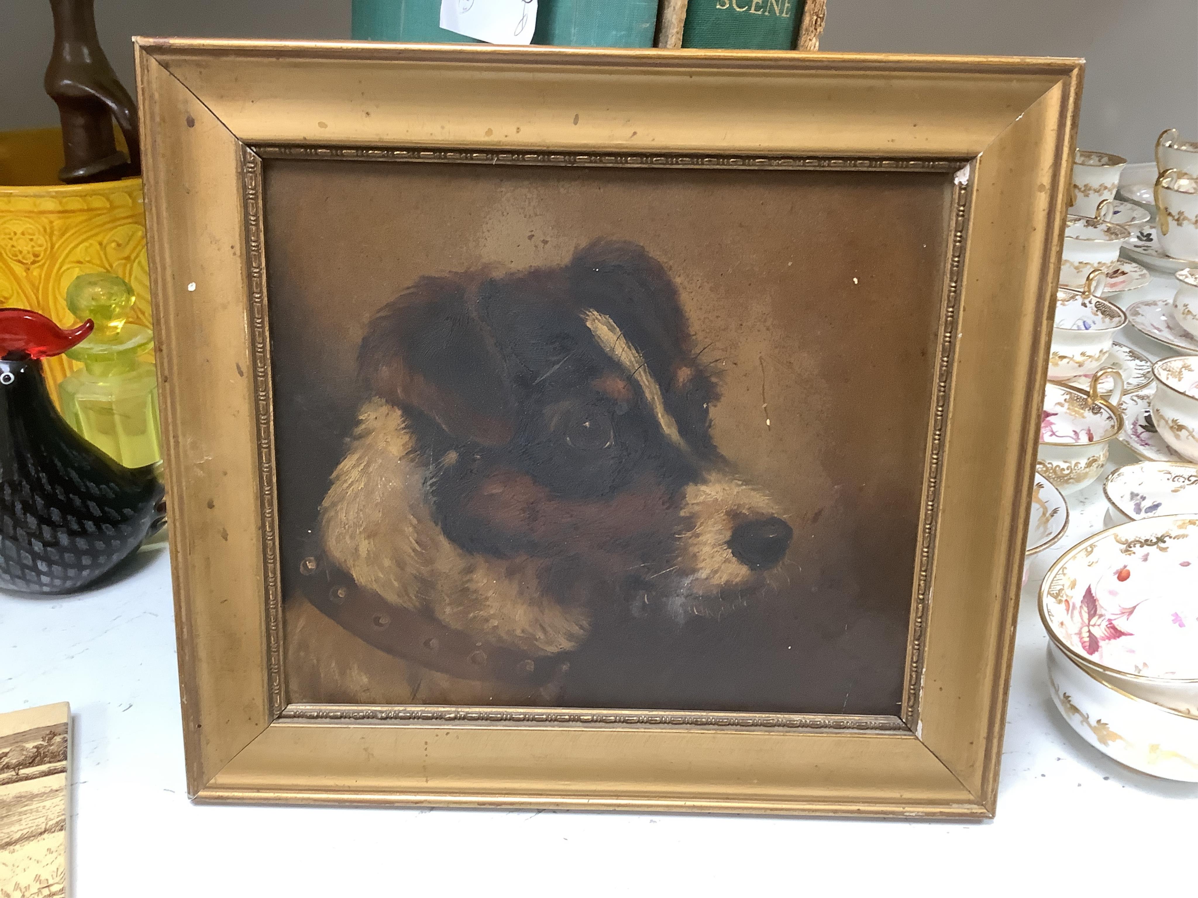 Early 20th century English School, Study of a terrier, unsigned, together with a later study of a chick before two dogs, signed Volle, largest 19 x 24cm. Condition - fair